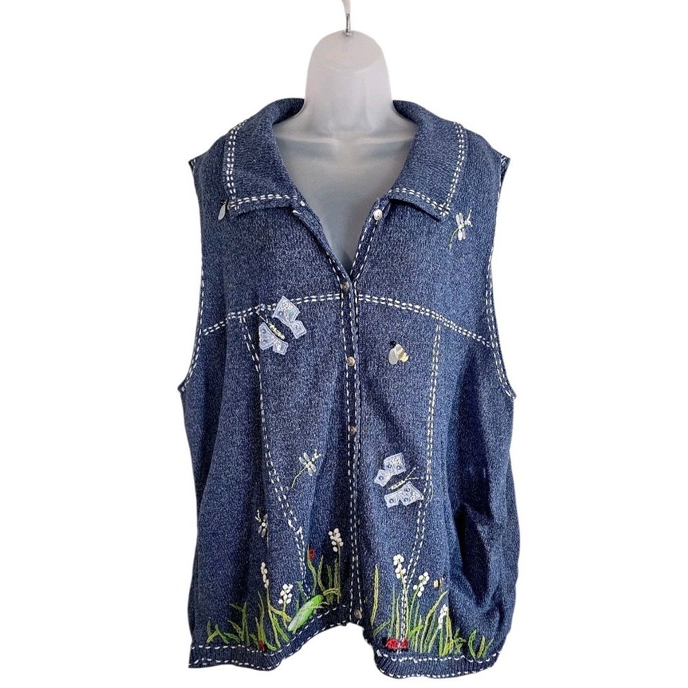 VTG QUACKER FACTORY Embroidered Butterflies & Honey Bees Blue Sweater Vest Sz 3X - Picture 1 of 11